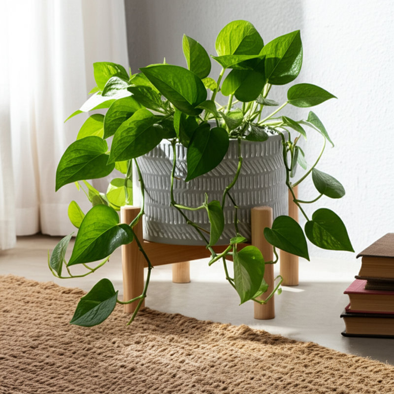Jardinière en céramique et en grès sur support en bois de pin Pennsylvania, support à plante décoratif moderne avec un design élégant pour la maison ou le bureau
