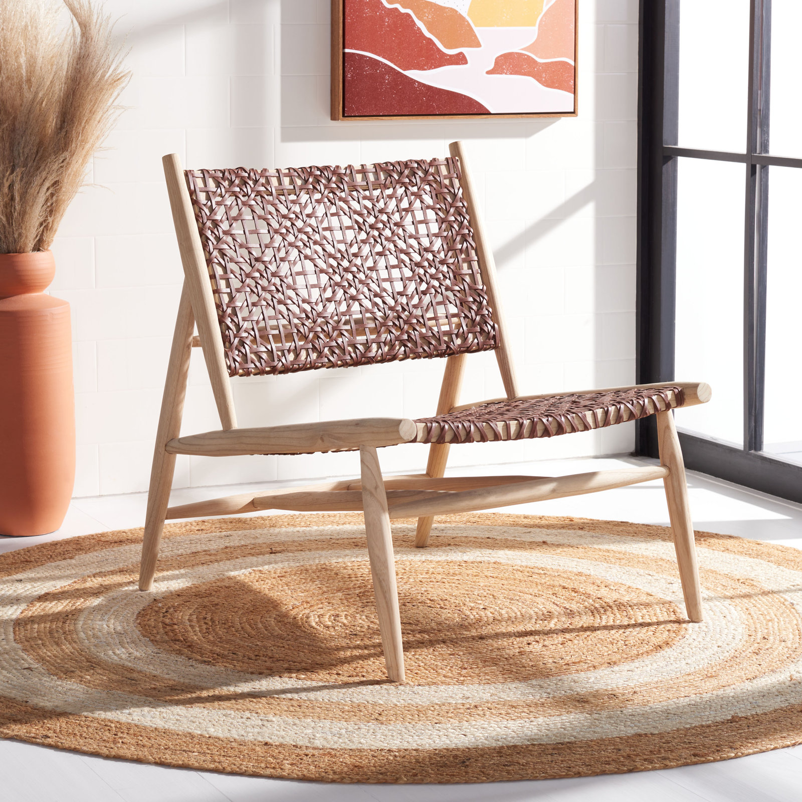 Kazbah Teak Genuine Leather Side Chair, Cognac Genuine Leather/Natural Legs