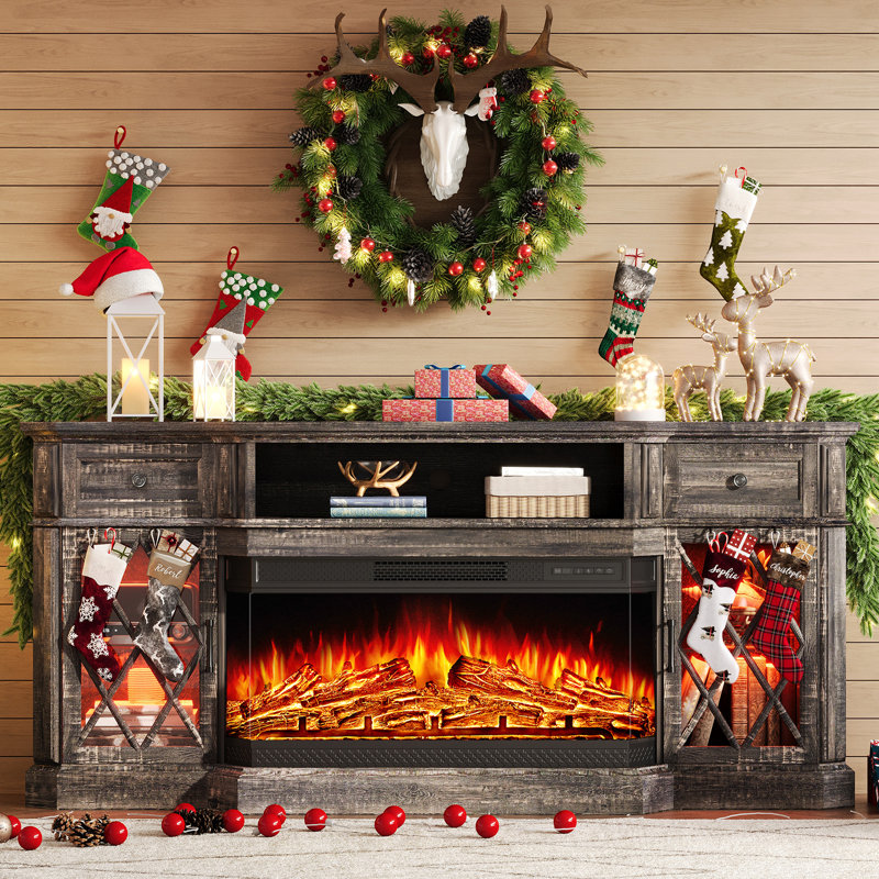 Alvilda 3-Sided Glass Farmhouse Fireplace TV Stand, Dark Oak