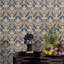Papier peint damassé baroque bleu marine beige