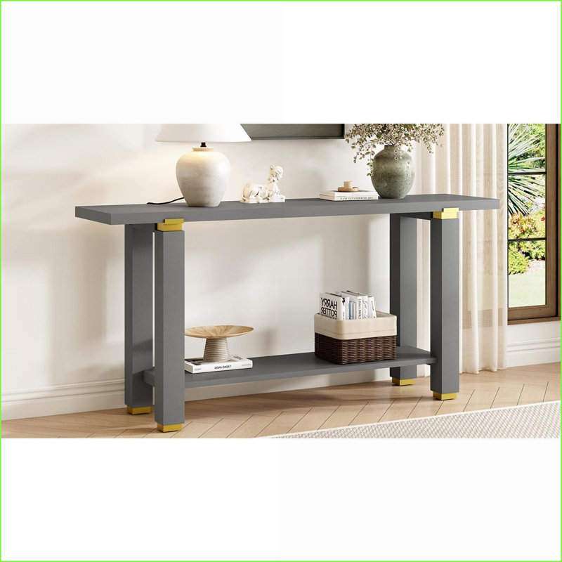 Table basse minimaliste moderne de 62,9 po avec pieds en pin massif Tablette de rangement inférieure pour le salon, facile à assembler