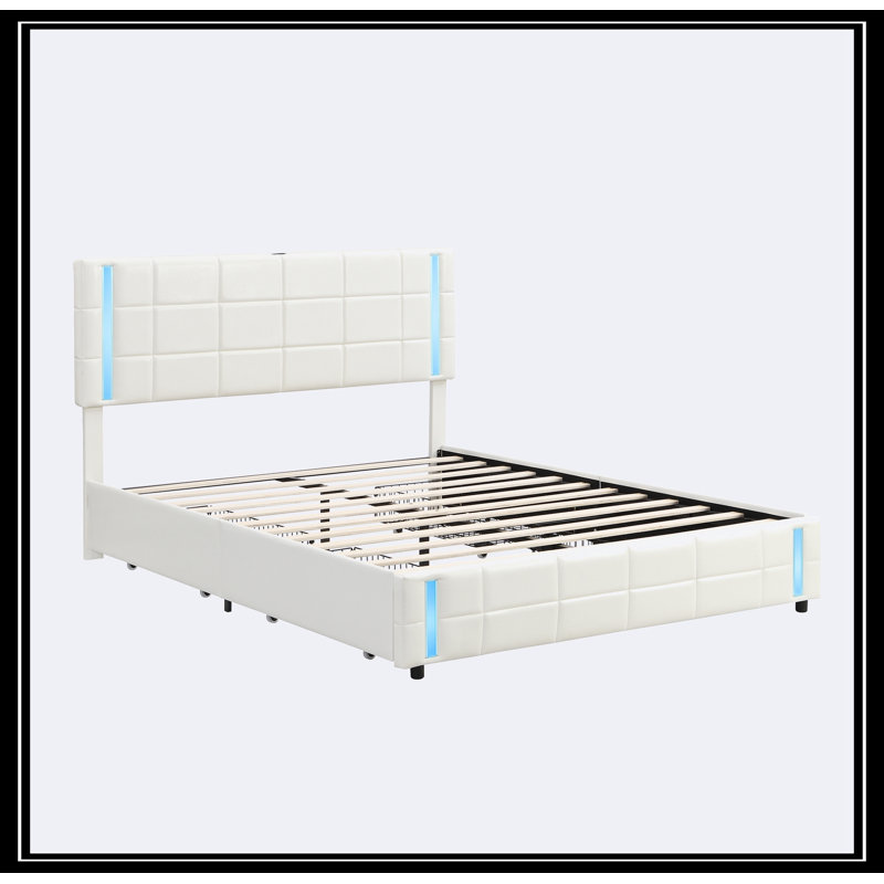 Grand lit plateforme tapissier Keion avec lumières DEL, Blanc