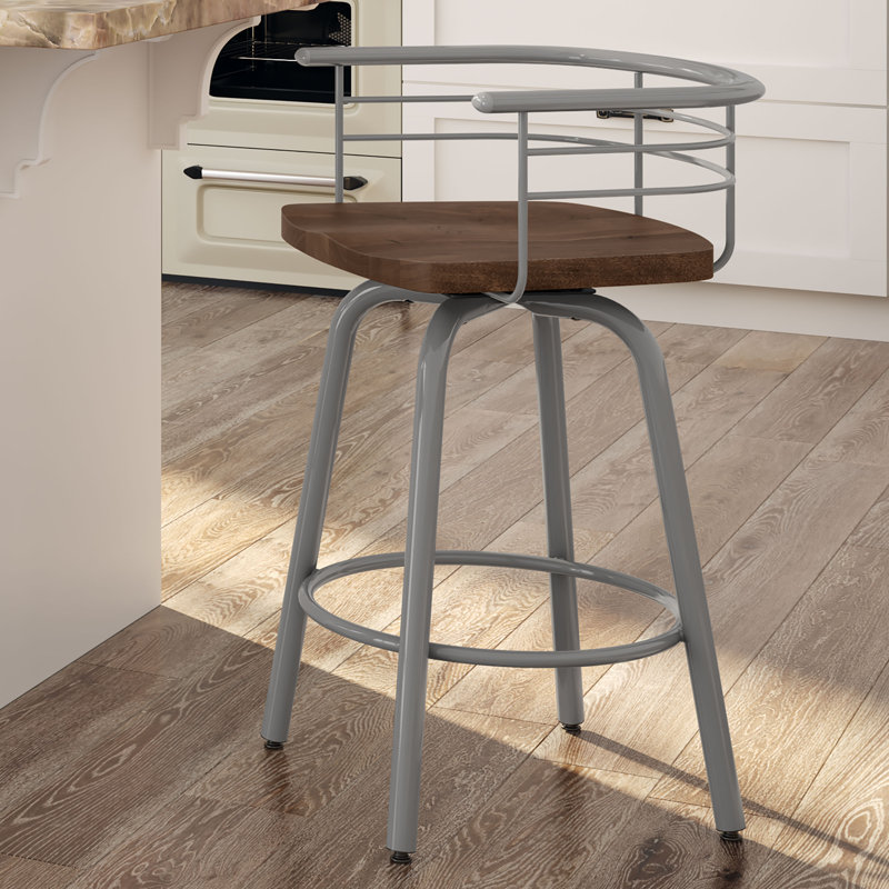 Tabouret de bar et de comptoir pivotant en bois massif Friedell, Bois brun, Métal gris brillant
