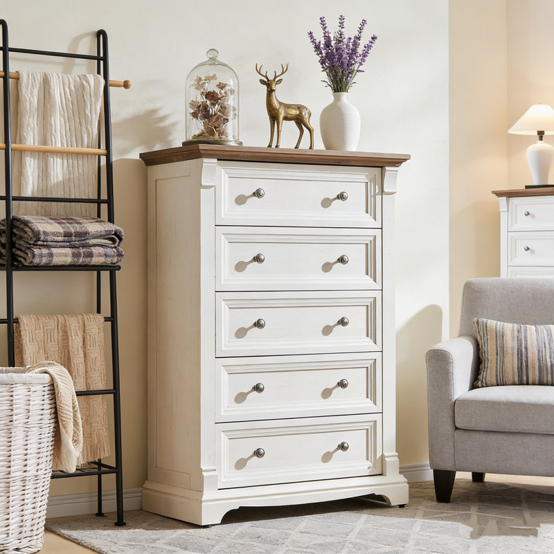 Farmhouse 5-Drawer Dresser - Solid Wood & Space-Saver, White