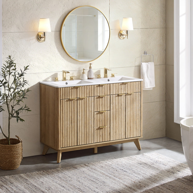 Ensemble de meuble-lavabo double autoportant 48 po avec plateau en pierre reconstituée 48 po, Chêne naturel