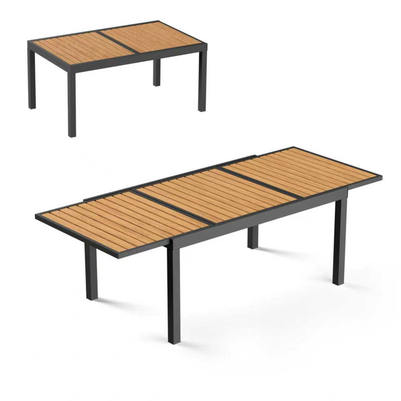 Expandable Patio Dining Table For 4-8 People, Aluminum Outdoor Square Table(55"-82.7") With Safety Lock,adjustable Height-wood Grain For Backyard,garden,porch, Yard,poolside,grey