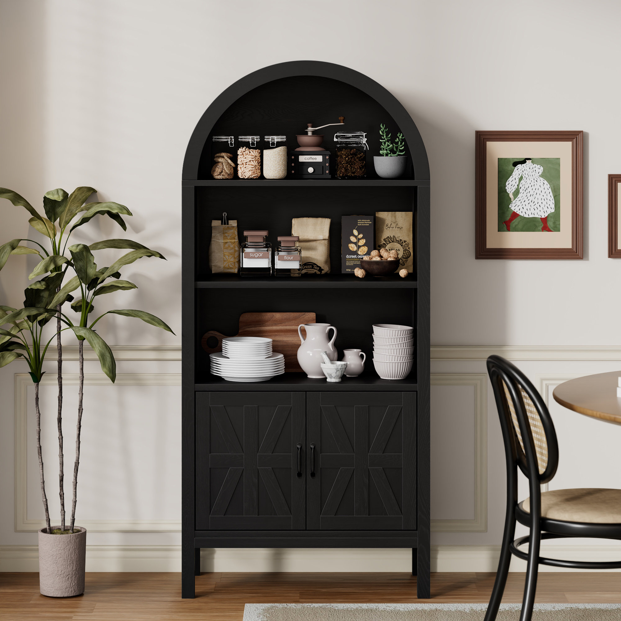70.47*30.9 inch Ghian Arched Display Storage Bookcase with Open Shelves and Cabinet