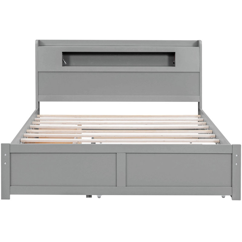 Lit plateforme en bois avec rangement à DEL, 2 tiroirs et 1 lit gigogne simple, Gris