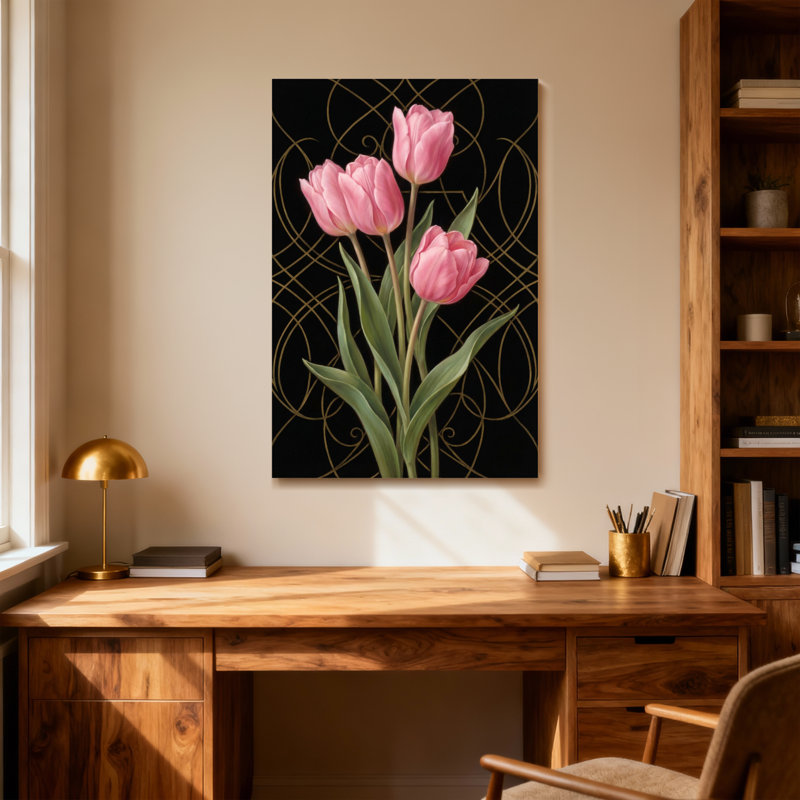 Plantes et fleurs tulipes roses sur fond noir et or, H 30 po x l 20 po