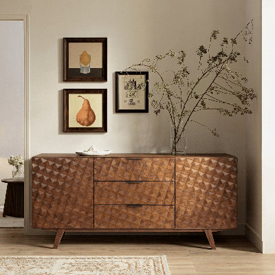 71" Solid Wood Sideboard with 3D Carved Geometric Doors, 2 Doors, 3 Drawers, Adjustable Shelves, Mid-Century Modern Design, Easy Assembly, Dark Walnut