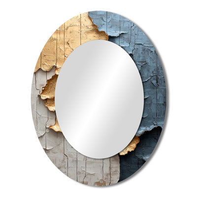 Gold And Grey Japanese Zen Tiles I - Large Oval Wall Mirror On Metal