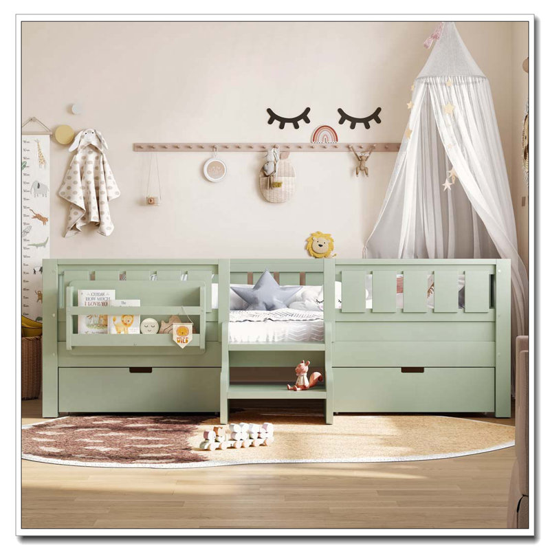 Lit en bois avec tablettes intégrées et tiroirs de rangement, Beige, Simple
