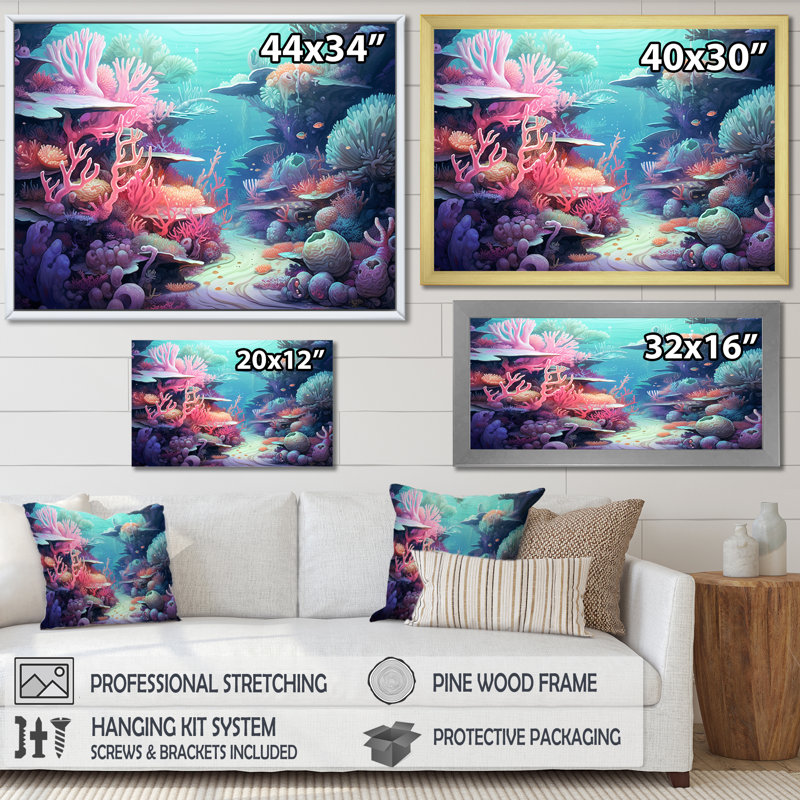 Turquoise et rose sous-marin - Plage et océan, impressions sur toile, Cadre flottant doré, H 30 po x l 40 po x P 1,5 po
