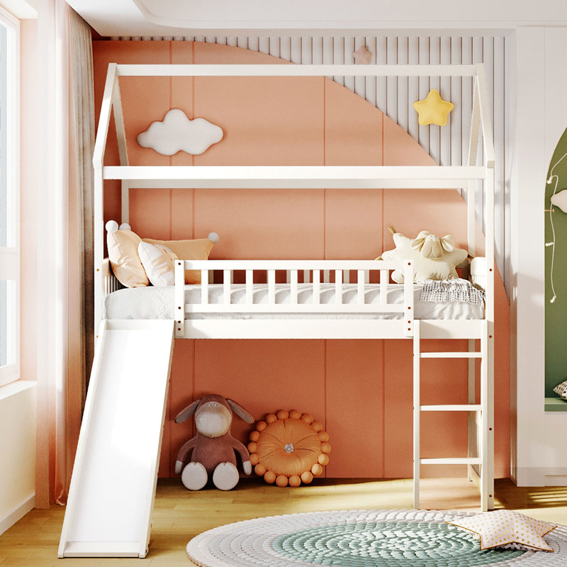 White Twin Size Loft Bed With Slide - Modern And Practical. Spacious Play Area. Frame. Assembly Tools Included. No Box Spring Required In Save Space Inspire Creativity. Pinewood. High Guardrail For .