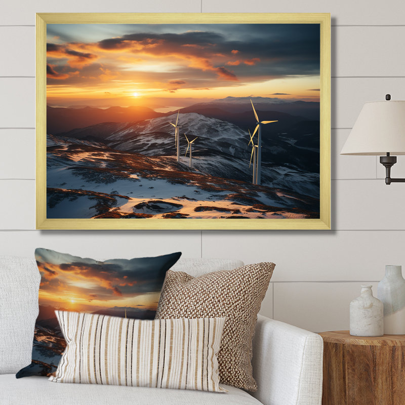 «Sunset Wind Turbines Mountain View VI - Wind Turbines», art mural, Cadre doré à coins fermés, H 12 po x l 20 po x P 1 po
