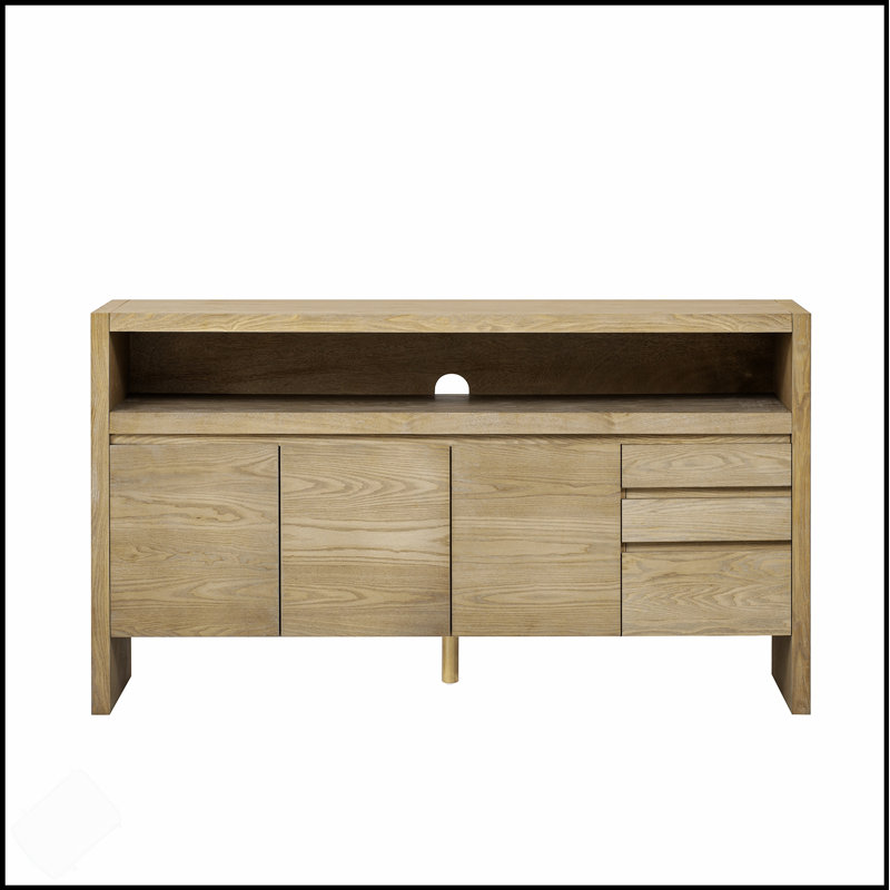 Modern Solid Ash Veneer MDF Sideboard With 3 Drawers, Semi-Open Shelf, And Center Cutout For Versatile Storage And Aesthetic Appeal