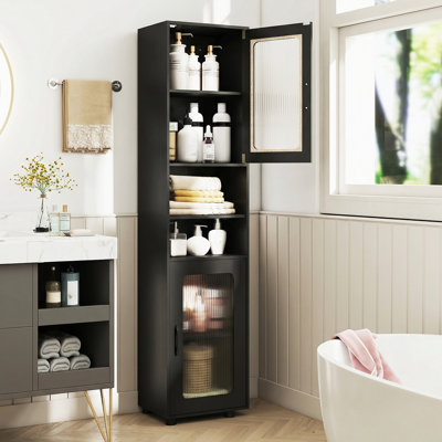 Armoire de salle de bain, armoire de rangement à plancher mince avec 2 portes cannelées, 4 pieds en caoutchouc noir