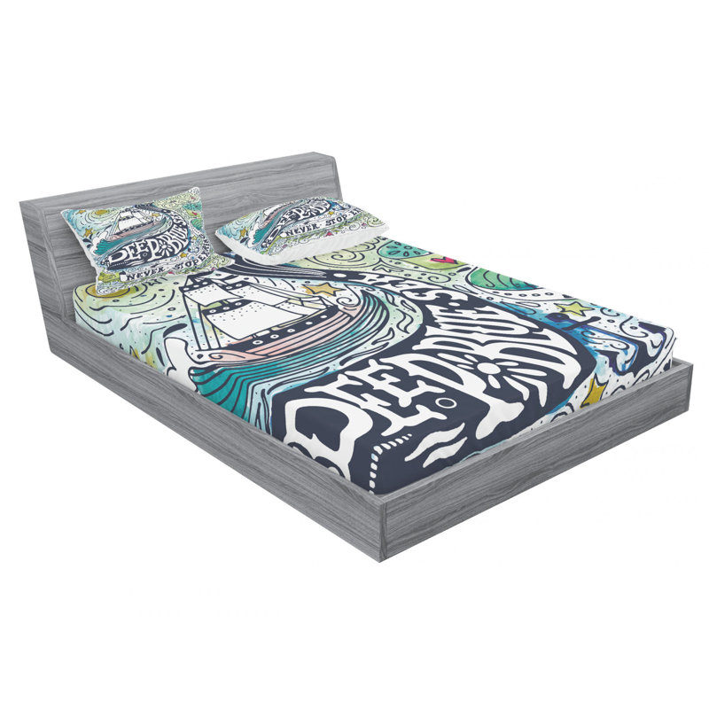 Ensemble de draps Whale On Wavy Ocean, Ensemble de draps pour grand lit avec 2 taies d'or