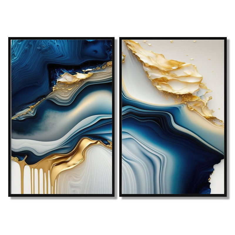 «Abstract Geode Gold and Blue Marble - Art mural abstrait en marbre, impression sur toile abstraite bleue 2 pièces, Noir