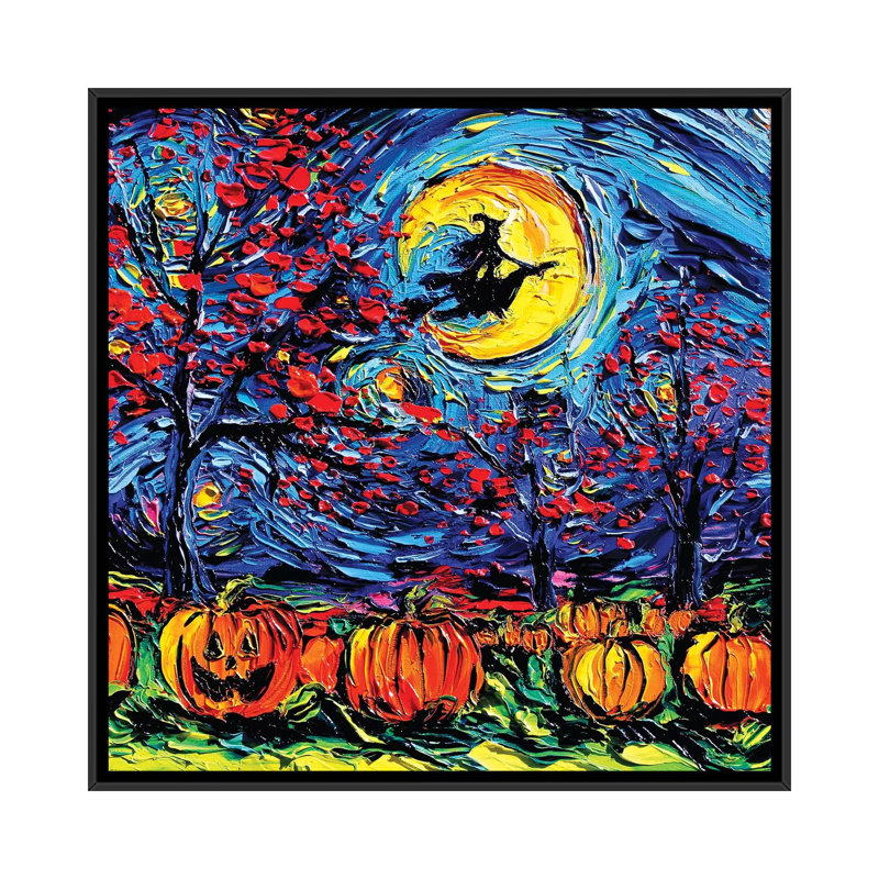 Reproduction d’art, "Starry Halloween" par aja Trèves, H 37 po x l 37 po x P 1,5 po, Toile avec cadre noir, Pas de tapis
