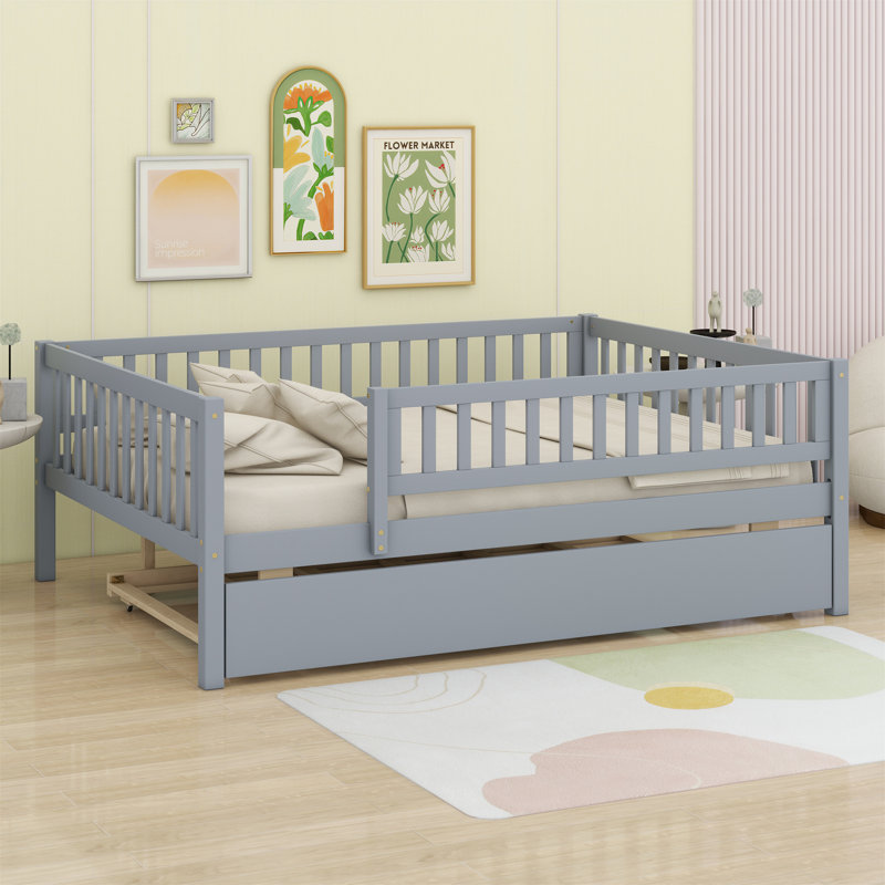 Daybed With Trundle And Fence Guardrails, Grey