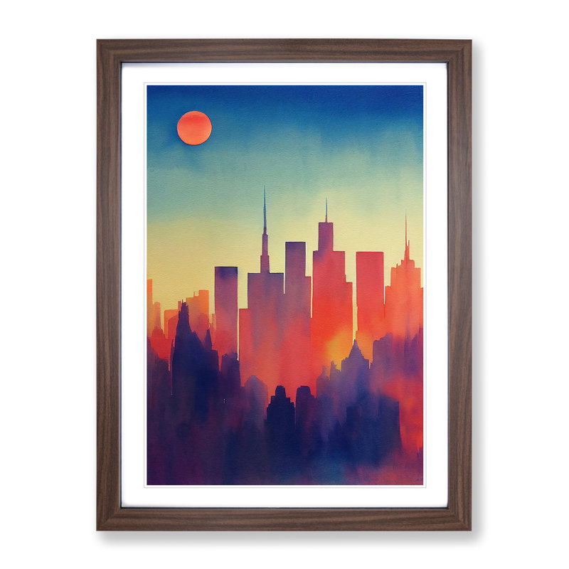 City Skyline Watercolour No.5 - Wall Art, 66cm H x 48cm W x 2cm D, Walnut Framed, White