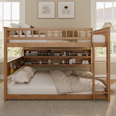 Lit superposé double au-dessus de double avec tablettes intégrées, lumières changeantes de couleurs et panneau perforé - 78,9 * 57,3 * 57,1 pouces - Bois massif et panneau de fibres à densité moyenne - 1 pièce - Lit superposé - Brun - Capacité de 600 lb