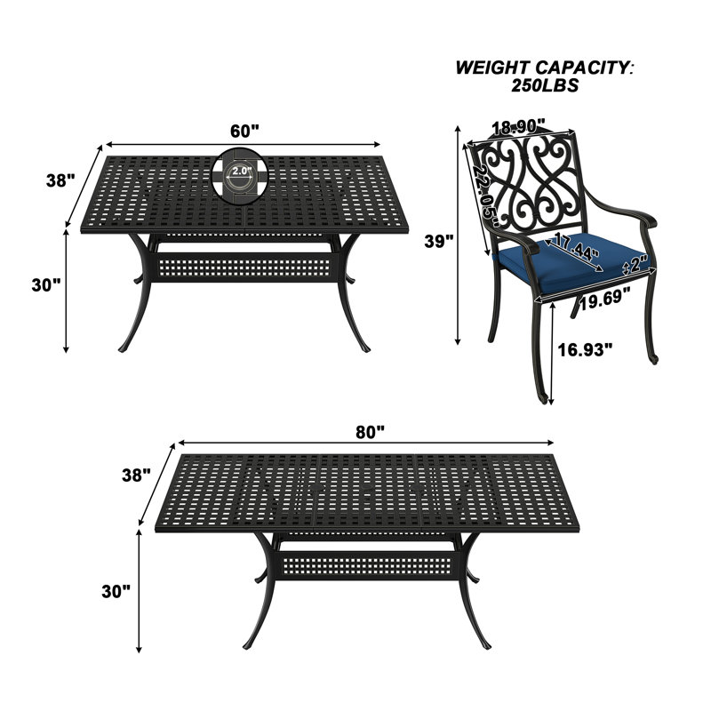8 - Person Patio Dining Set Umbrella Hole Included Rectangular Table with Cushions Included, Blue