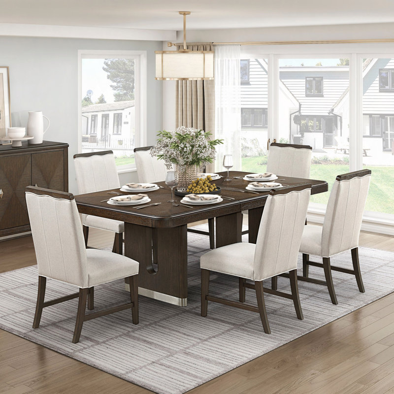 Ensemble de salle à manger 7 pièces table extensible avec 6 chaises d'appoint beige rembourré confort durable table d'appoint en métal meubles en bois