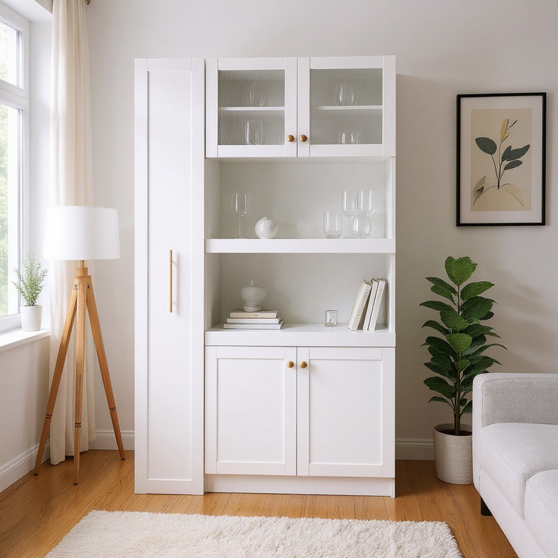 Expandable Office Swampscott Cabinet with Pull-Out Organizer, Glass Doors & Multi-Functional Shelving, Ivory