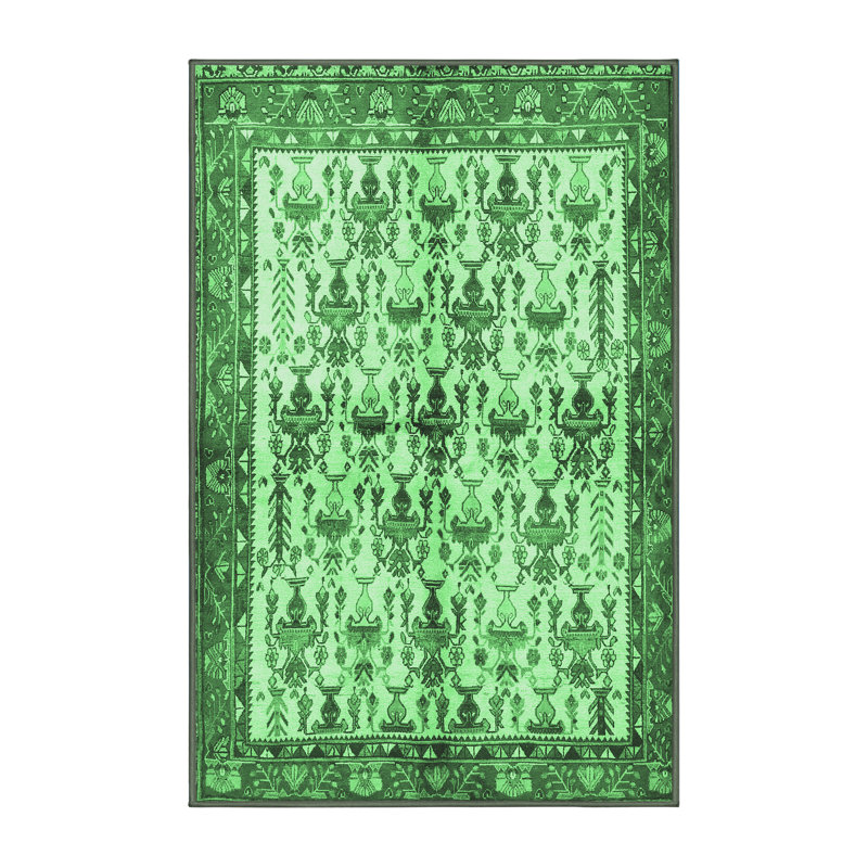 Tapis vert / ivoire / gris en laine et polyester tissés à la machine Karleah, Rectangle 5 pi x 8 pi