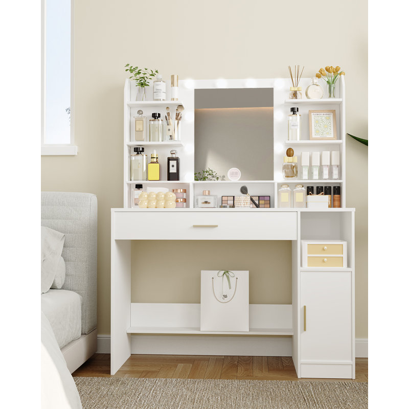 Vanity Desk with HD Mirror, Makeup Vanity with Led Lights,3 Levels of Adjustable Brightness, Dressing Table with Hidden and Open Shelves, Oversized Drawers and Cabinets
