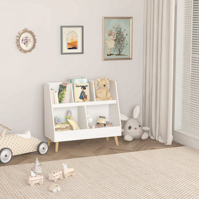 Bookshelf and Toy Organizer, 5 Cubbies Wooden Open Bookcase, 2-Tier Baby Storage Display Organizer with Legs, Free Standing for Playing Room, Bedroom,