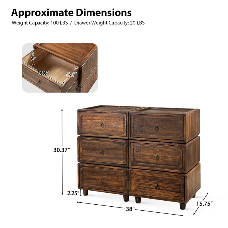 Aivery 38'' W Farmhouse 2 - Drawer Solid Wood Modular  Dresser(Set of 3), Walnut