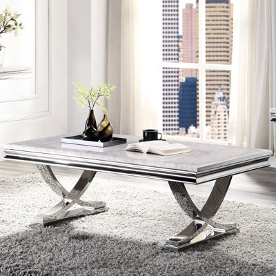 Table basse à plateau biseauté 18 mm en acier inoxydable avec base en piédestal, L 51 po x l 27 1/2 po, H 18 po, une seule pièce