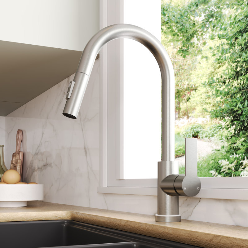 Robinet d'évier de cuisine extractible, robinet de cuisine à poignée simple avec base DEL, Nickel brossé