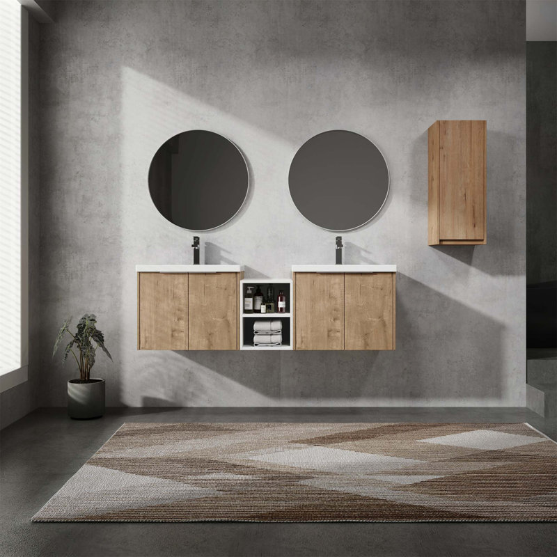 Meuble-lavabo mural avec lavabo et armoire latérale, portes à fermeture douce, armoire combinée