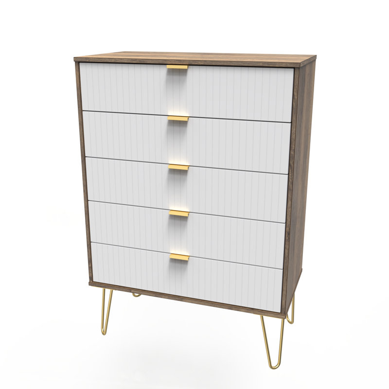 Fully Assembled Aliziah 5 - Drawer Chest of Drawers, White Matt/Vintage Oak