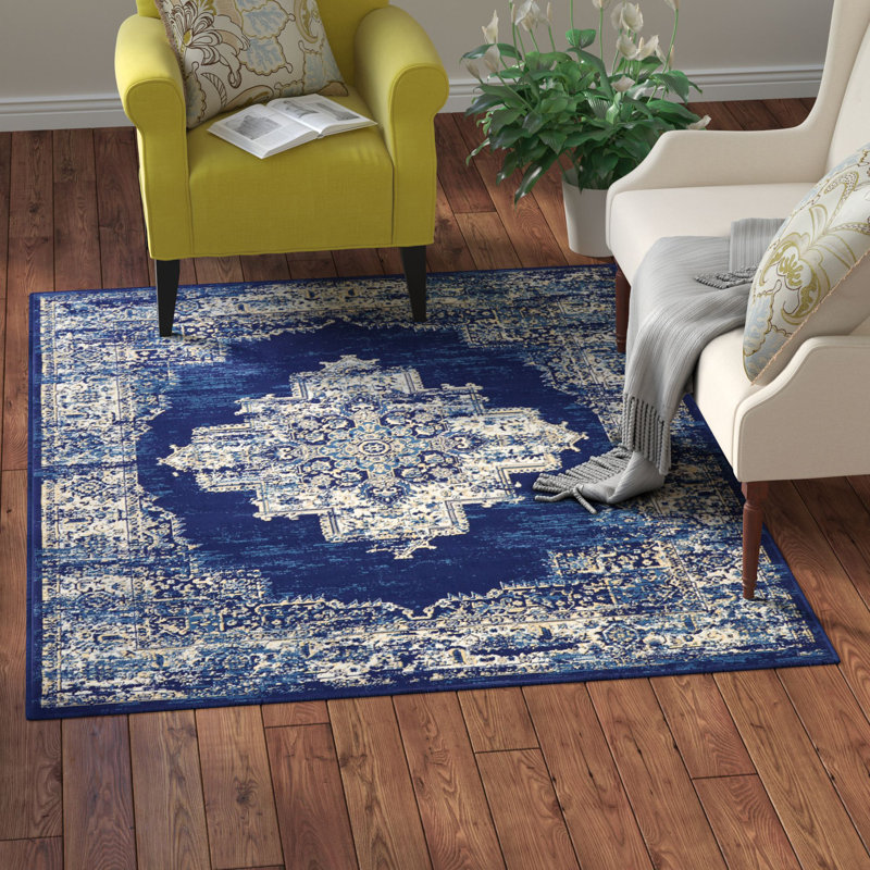 Burnie Oriental Blue/White Area Rug, Rectangle 5'3" x 7'3"