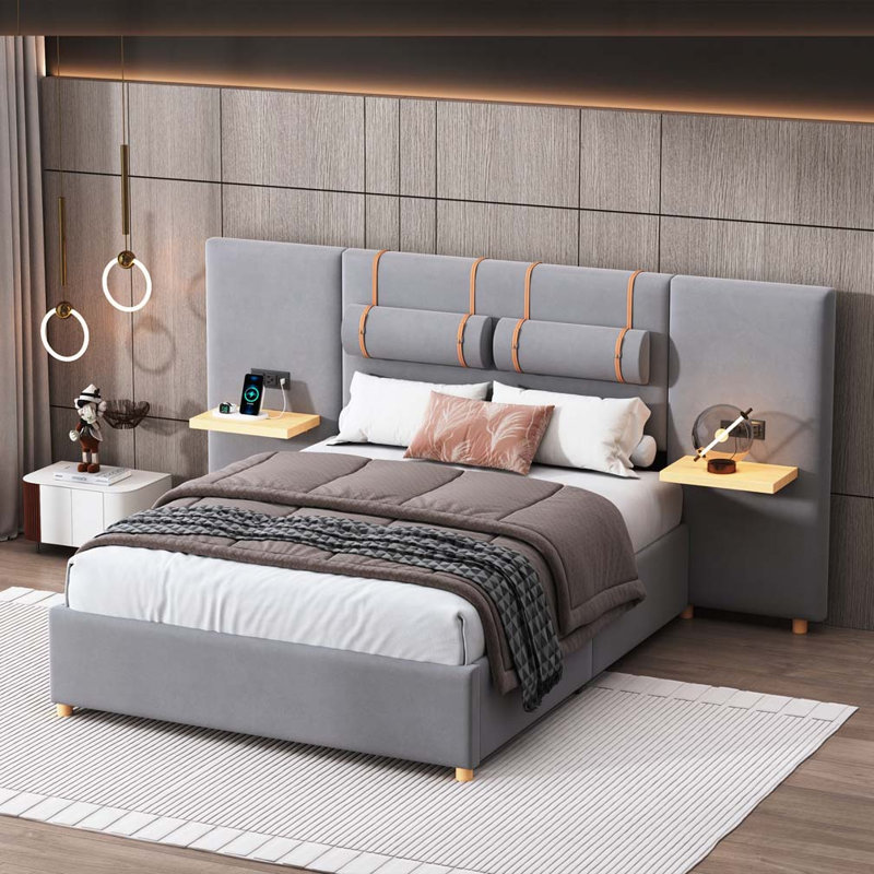 Lit plateforme tapissier, deux prises et ports de charge USB des deux côtés, deux coussins de chevet, Gris, Lit double