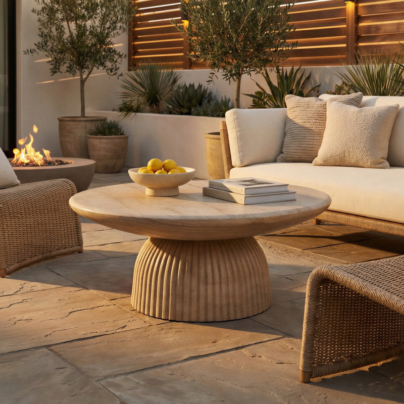 Tithi Single Round Coffee Table with Stone Effect for Indoor Outdoor Use and Contemporary Style, Faux Travertine
