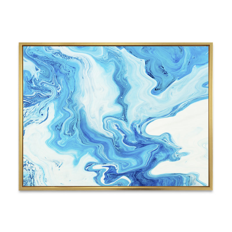 Encre liquide bleue et blanche I, reproduction sur toile, Toile à cadre flottant doré, H 24 po x l 32 po