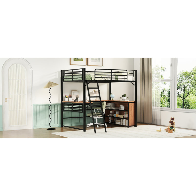 Lit mezzanine en métal noir avec tablettes à 3 niveaux et bureau de travail en forme de L. Chambre créative. Matériaux. Assemblage facile. Idéal pour les artistes avec poste de travail sur ordinateur. Ajout fonctionnel.