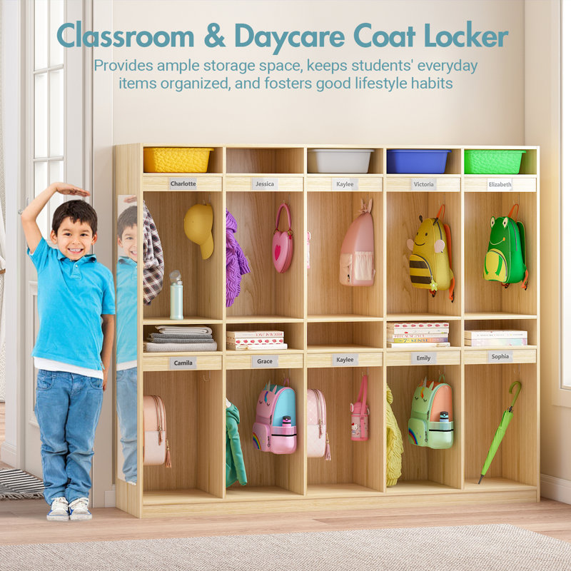Casier de vestiaire de classe 10 sections avec 10 casiers, casiers de garderie avec 20 crochets et miroir en acrylique, casiers de jardin d'enfants pour la maison, l'école et la chambre de bébé