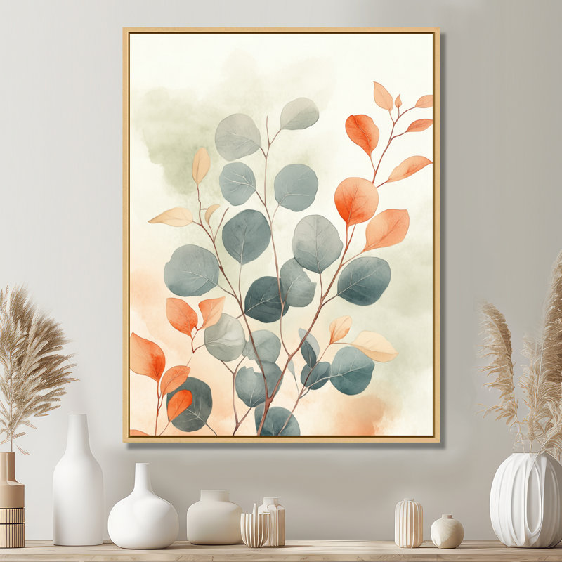 Eucalyptus et feuilles d'ambre - Impression sur toile encadrée à thème botanique, H 32 po x l 16 po, Cadre naturel flottant