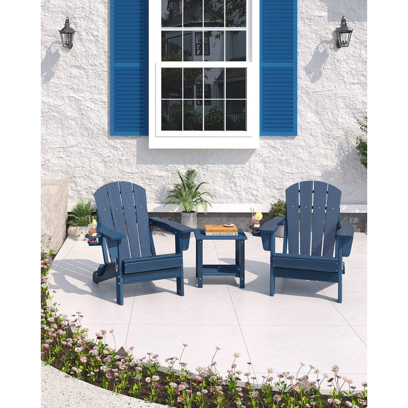 Folding Adirondack Chair Set Of 2, All-Weather HDPE Outdoor Chair, Wooden Textured With Cup Holder For Patios, Decks, Gardens, Fire Pits, Navy Blue