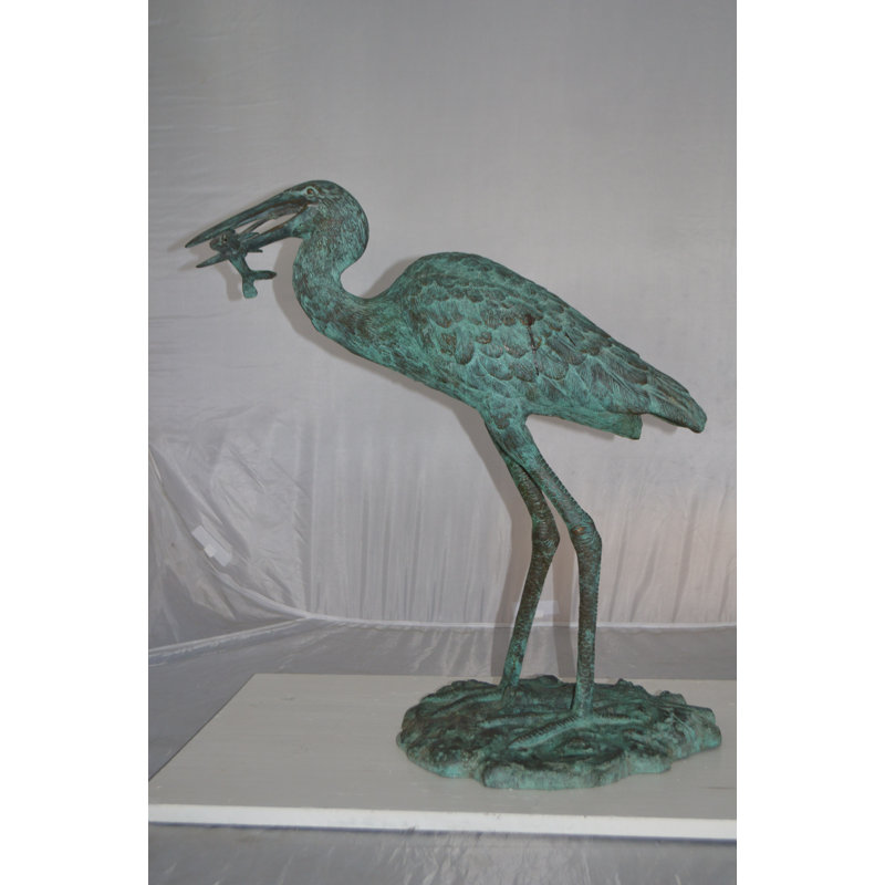 Bronze Heron Fountain with Prey Bronze Statue -  Size: 14"L x 24"W x 26"H.