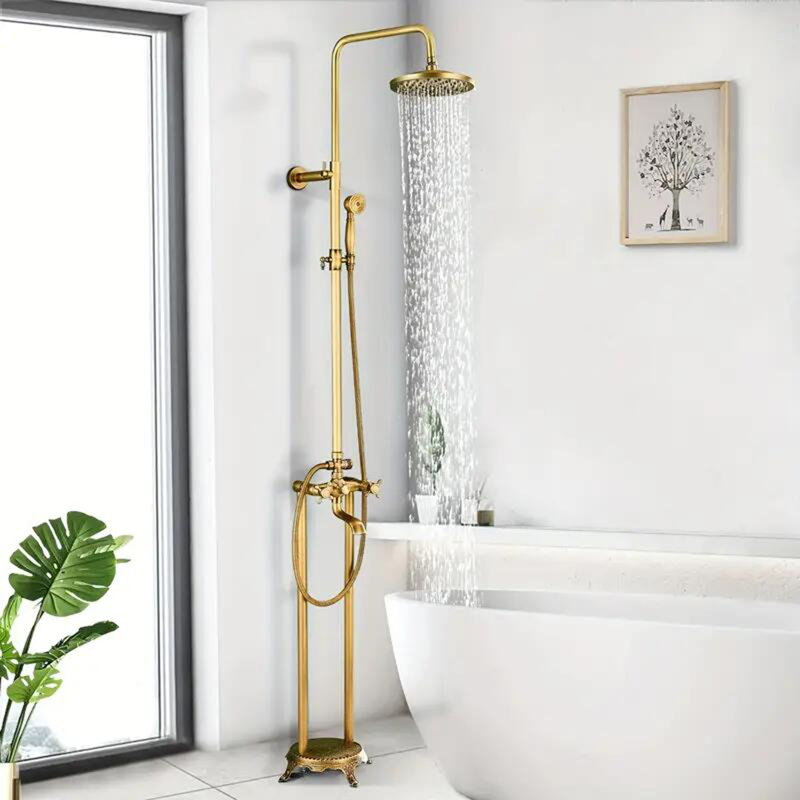 Floor Mounted Tub Spout with Diverter and Handshower, Antique Brass