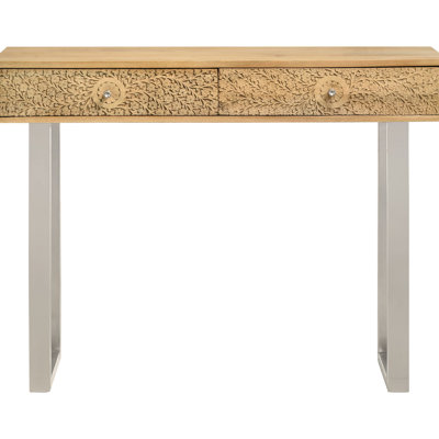 Natural And Silver Finish 2 - Drawer Rectangular Console, Sled Style Base For Modern Appeal, Easy Access Drawers, 12 Inches Wide Harmony Wood Tones With Highlights, Stability, Classic Design, Mango