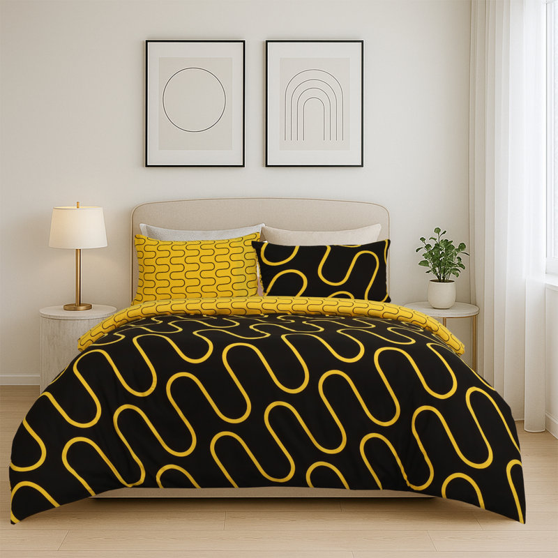 Haffa Microfiber Duvet Cover Set with Pillowcases Included, Super King Duvet Cover + 2 Standard Pillowcases, Ochre/Black Wave